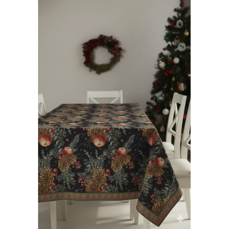 New Year's Sparkle Christmas Tablecloth (160x220 cm) - Festive Pine Cone & Red Berry Pattern on Elegant Black | Durable, Washable Polyester for Holiday Dining & Home Décor