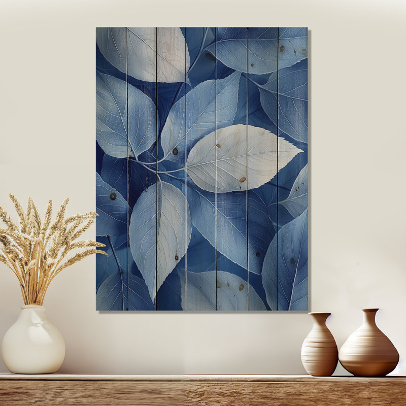 Periwinkle Leaves Of Blue Simplicity II - Leaves Wood Print - On Natural Pine Wood, 44" H x 34" W x 0.78" D