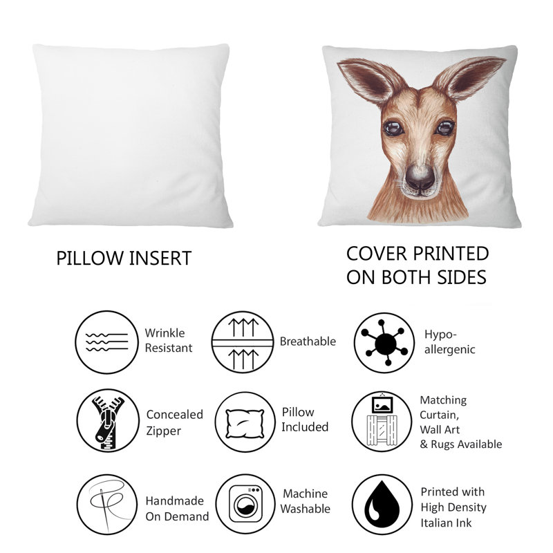Portrait d'un kangeroo - Coussin décoratif à imprimé traditionnel, 16 po x 16 po