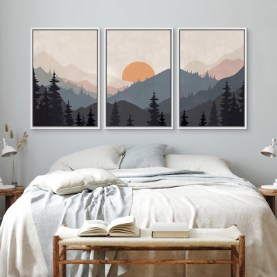 Sun Mountain Landscape "Tranquil Orange Sunset Layered Hills Artwork, Modern Abstract Cabin Wall Pictures, Framed Canvas Giclée Print 3 Pieces Wall Art" 16"x24"x3 pcs, 24"x36"x3 pcs