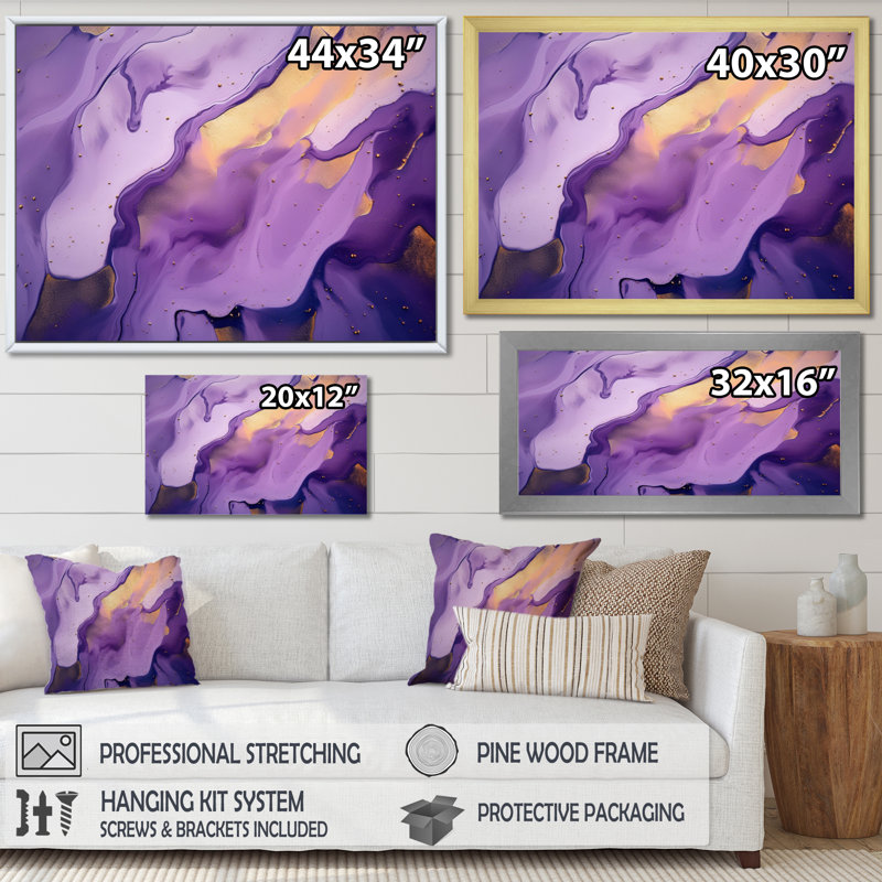 Mauve et or marbré, nuages d'encre II - impression, Cadre photo noir, H 24 po x l 32 po x P 1 po