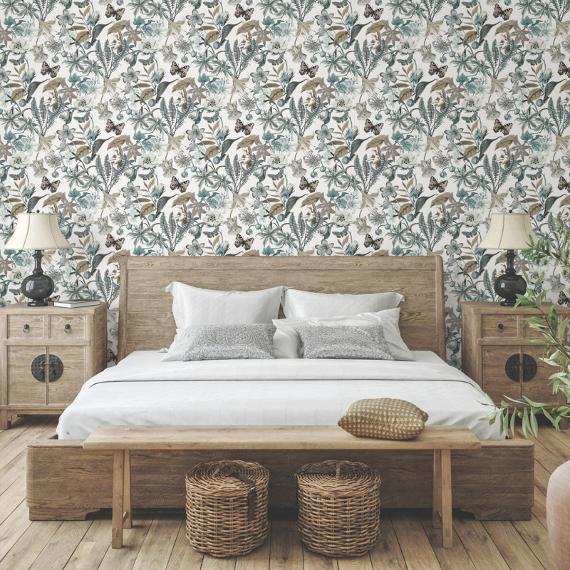 Floral Wallpaper Roll, White/Blue