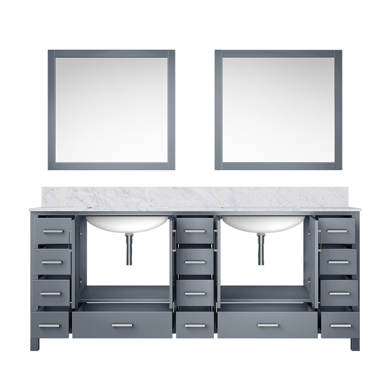 Meuble-lavabo double bleu marine l 84 po x P 22 po, comptoir en marbre de Carrare et miroirs 34 po, Gris foncé