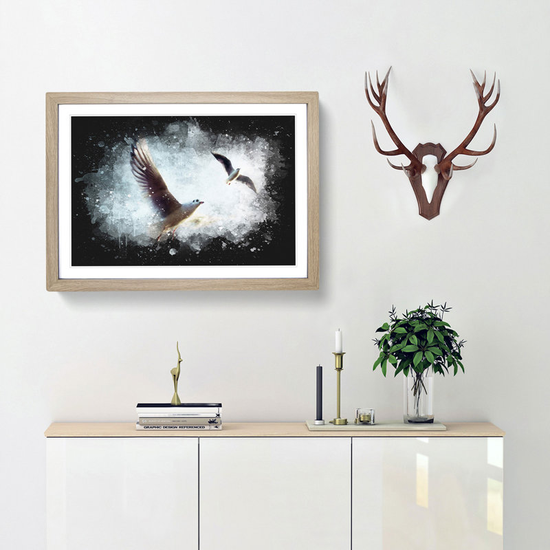 Pair of Flying Seagulls - Picture Frame Graphic Art Print, 33cm H x 45cm W x 2cm D, Oak Framed