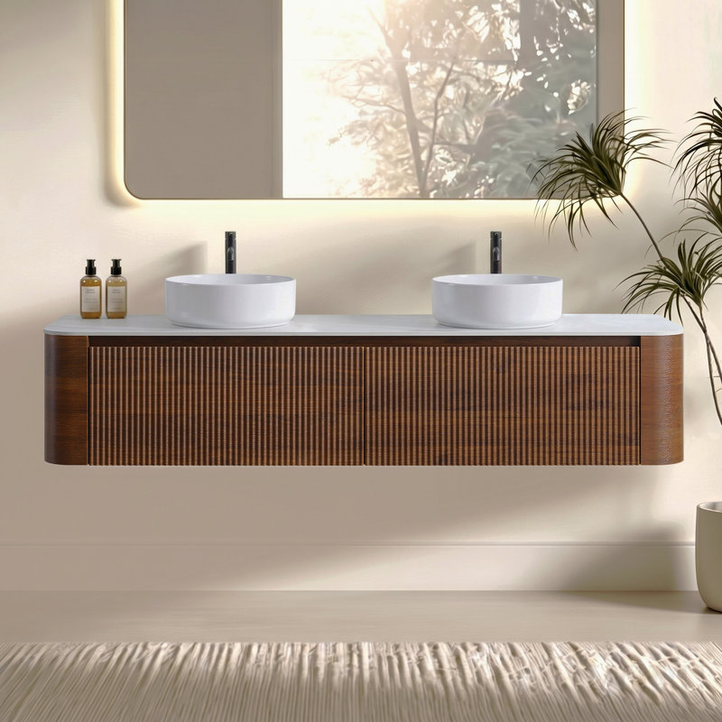 Meuble-lavabo 72 po avec lavabo, armoire murale en noyer avec porte-serviettes gratuit, lavabos doubles en céramique blanche, sans drain et robinet, pré-assemblé