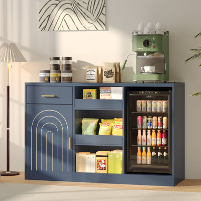 Wooden Snack Bar Cabinet with Fridge Space, Adjustable RGB Lights, Built-in Power Outlets, and Ample Shelving – Ideal Coffee Station for Living Room and Home Theater