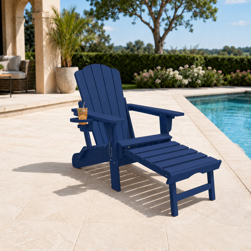 Chaise Adirondack pliante en PEHD bleu marine avec repose-pieds rétractable et porte-gobelet, Bleu