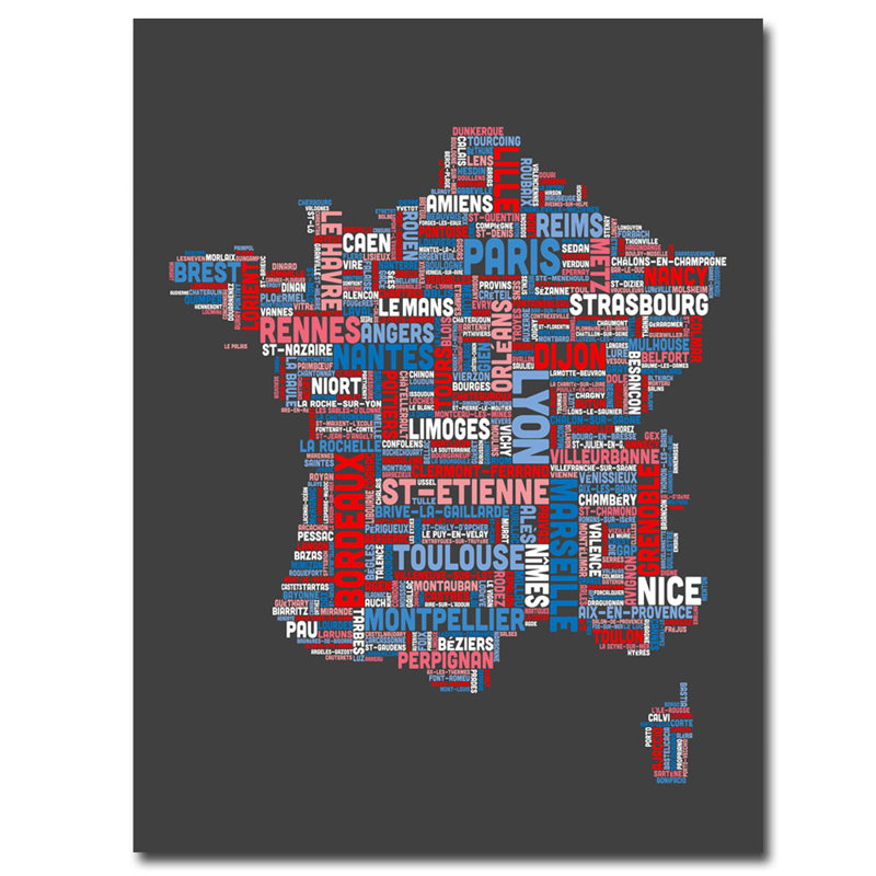 « france city text map » par michael tompsett, impression sur toile, H 24 po x l 18 po x P 2 po