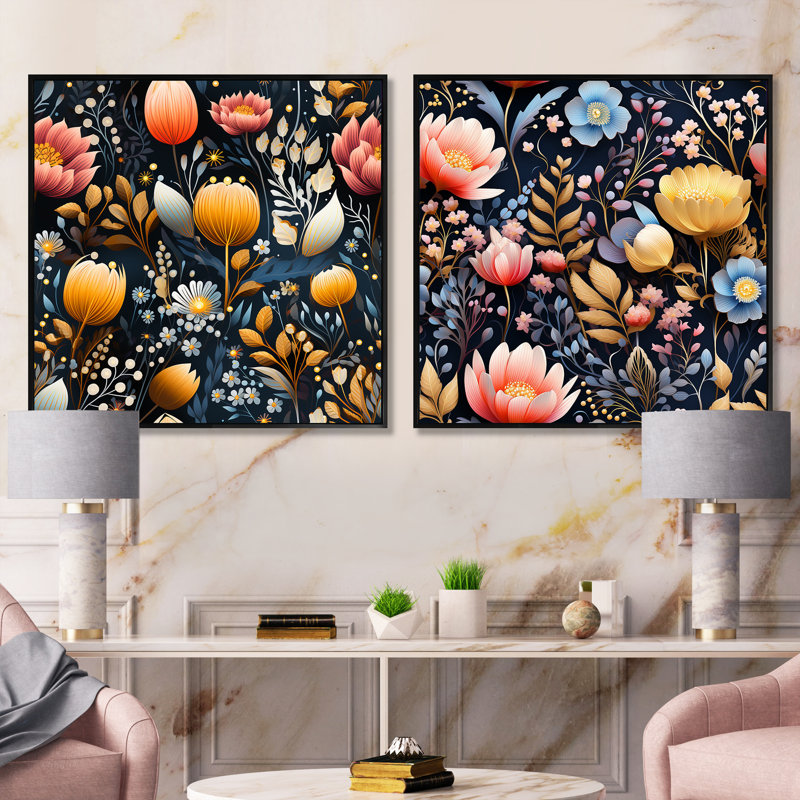 Guimauve - Ensemble de 2 collages carrés botaniques abstraits, Cadre flottant noir, H 16 po x l 33 po