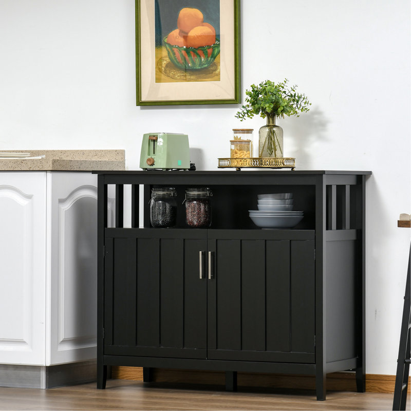 Buffet pour le vestibule, la cuisine ou le bar à café, armoire noire avec 2 portes et une étagère réglable à trois niveaux.