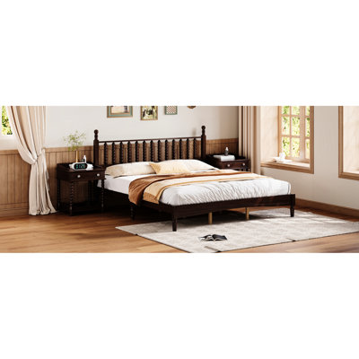 King Size Platform Bed With Gourd Shaped Headboard, Walnut Wood, Retro Aesthetic, Built - In Slats, Stable Support Design, Frame, No Box Spring, Slat