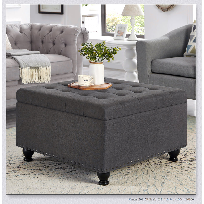 Large square storage ottoman with wooden legs, Upholstered button tufted coffee table, Dark Gray