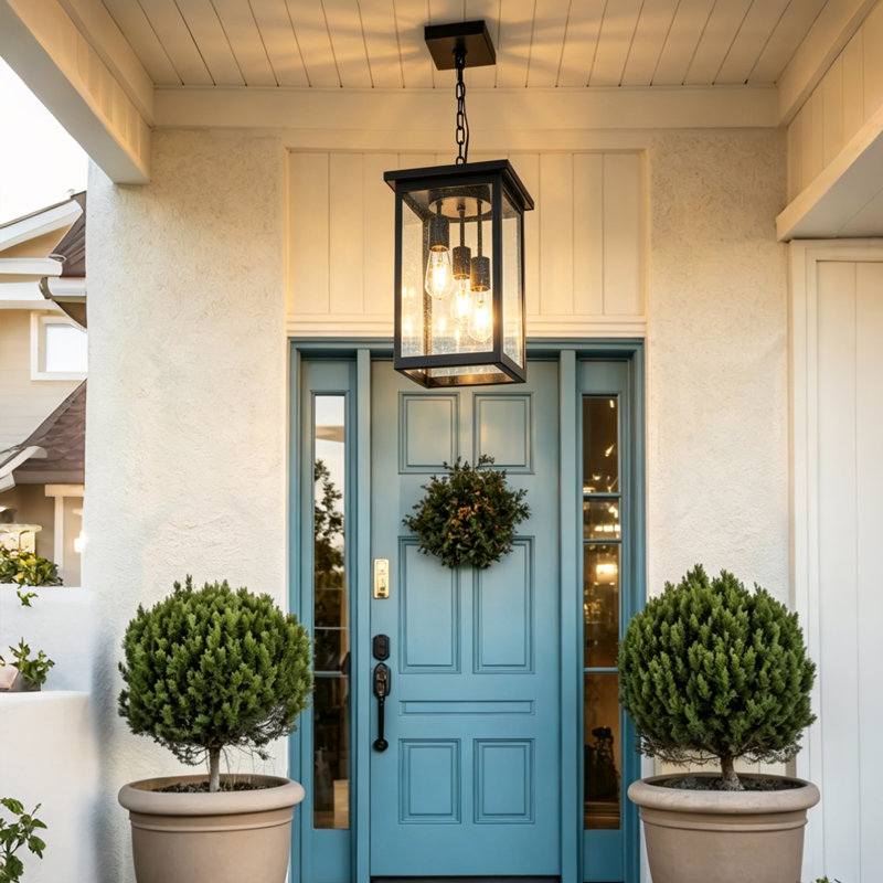 3-Light Black Outdoor Pendant Light, IP44 Waterproof Exterior Hanging Lantern, Adjustable Chain Porch Ceiling Light Fixture With Tempered Seeded Glass, E26 Base Outdoor Chandelier For Front Door Patio Porch Garage