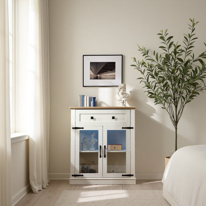 Élégante petite armoire avec lumières DEL - Petit buffet peu encombrant avec tablette réglable, portes en verre et tiroir - Rangement de cuisine moderne pour le café, les tasses et les essentiels
