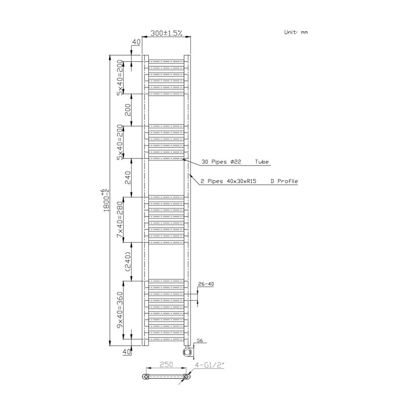 Kendal Straight Towel Rail Heated Towel Rails, Anthracite, 180cm H x 30cm W x 3cm D