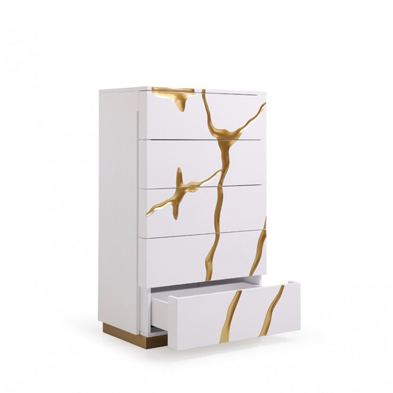 Commode 5 tiroirs Velva, Or/blanc