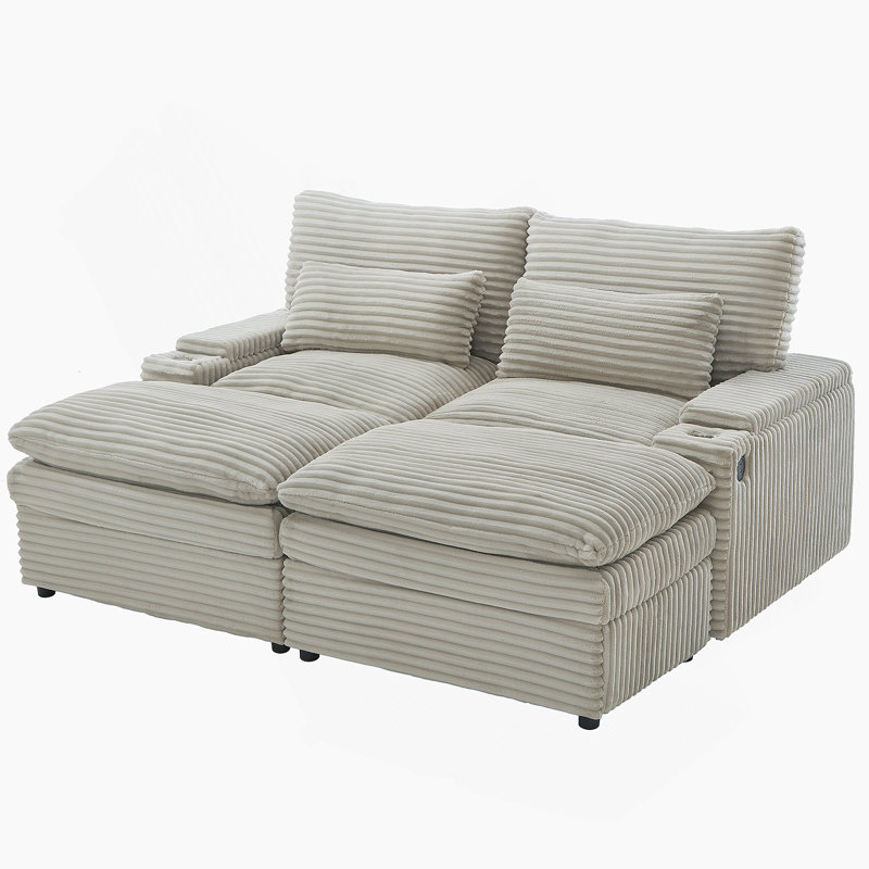 Loveseat Sofa With Four USB Ports And Two Cup Holders, Sectional Convertible Sofa With Storage Space And Two Movable Ottomans