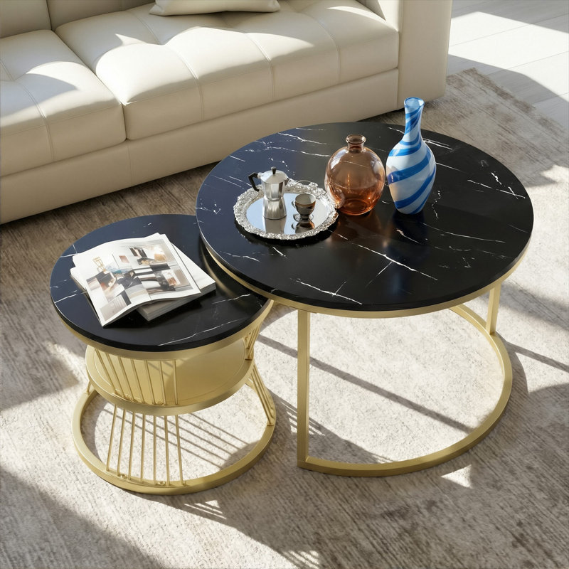 Round Nesting Coffee Tables Set (70+45cm), High-Gloss Faux Marble Top With Wire Metal Frame, Black/Gold