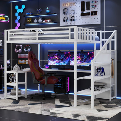 Grand lit mezzanine en métal avec garde-robe et lumière DEL, grand lit mezzanine avec bureau en forme de L et port USB pour enfants, adolescents et adultes, blanc