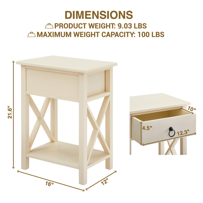 Cream Solid Wood Nightstand with Drawer and Shelf