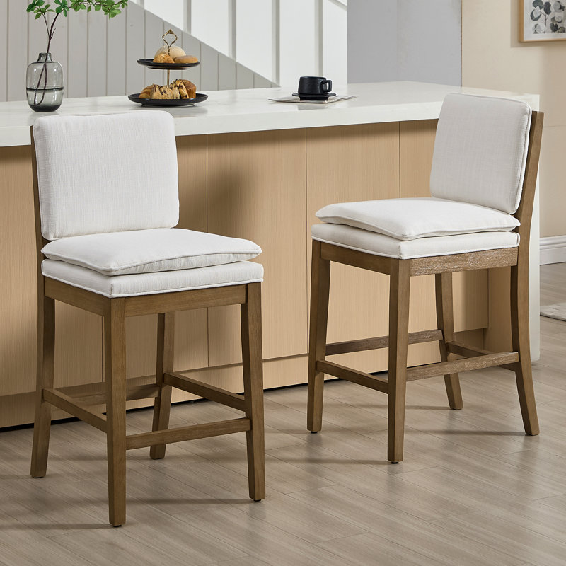Tabouret de comptoir rembourré avec pieds en bois massif, Siège beige / structure naturelle