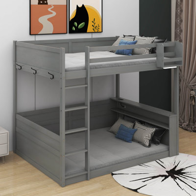Queen Size Wooden Bunk Bed With Built-In Shelves, LED Light And USB