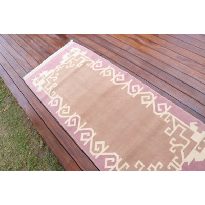 Vintage Pink Turkish Runner Rug Handmade From Wool for Bedroom Entryway and Hallway Featuring An Accent Anatolian Design