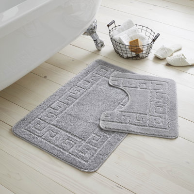 2 Piece Bathroom Rug Set Greek Key Pattern Bath Mat & Pedestal Mat Non Slip Rubber Back Soft Absorbent Mats