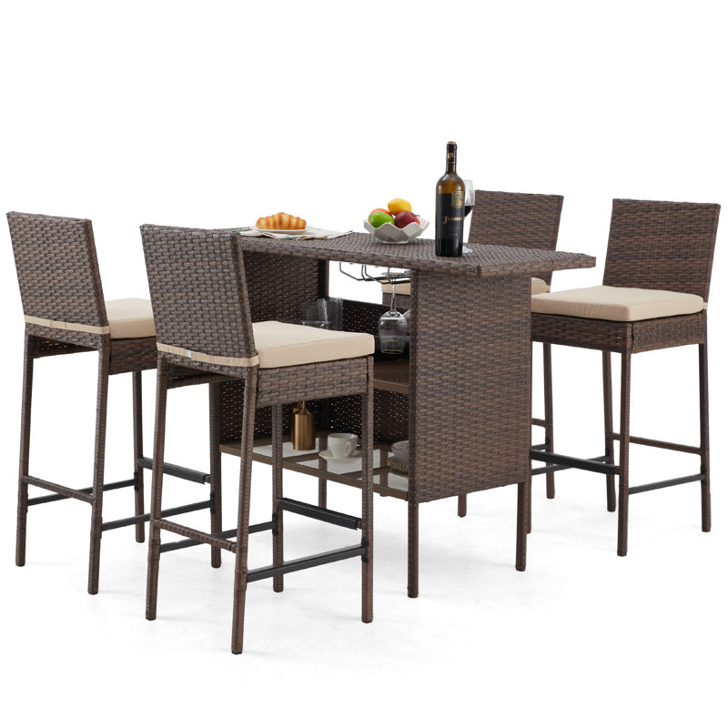 Wicker Bar Set with 4 Stools & Outdoor Bar Table, Brown