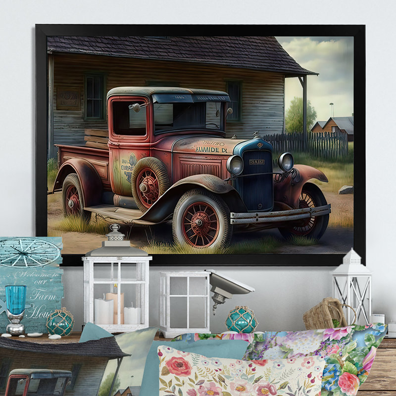 «American Car at the Barn 30S», reproduction sur toile, H 16 po x l 32 po x P 1 po, Cadre noir