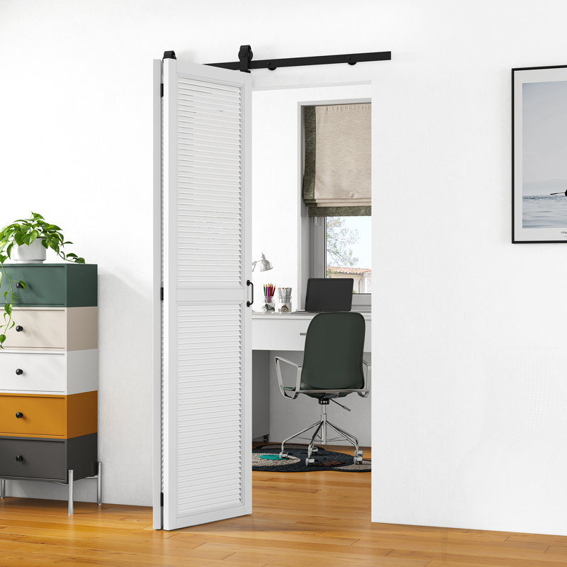 Ensemble de quincaillerie de porte de grange standard pliable pour deux portes (porte non incluse), support fixé au sommet