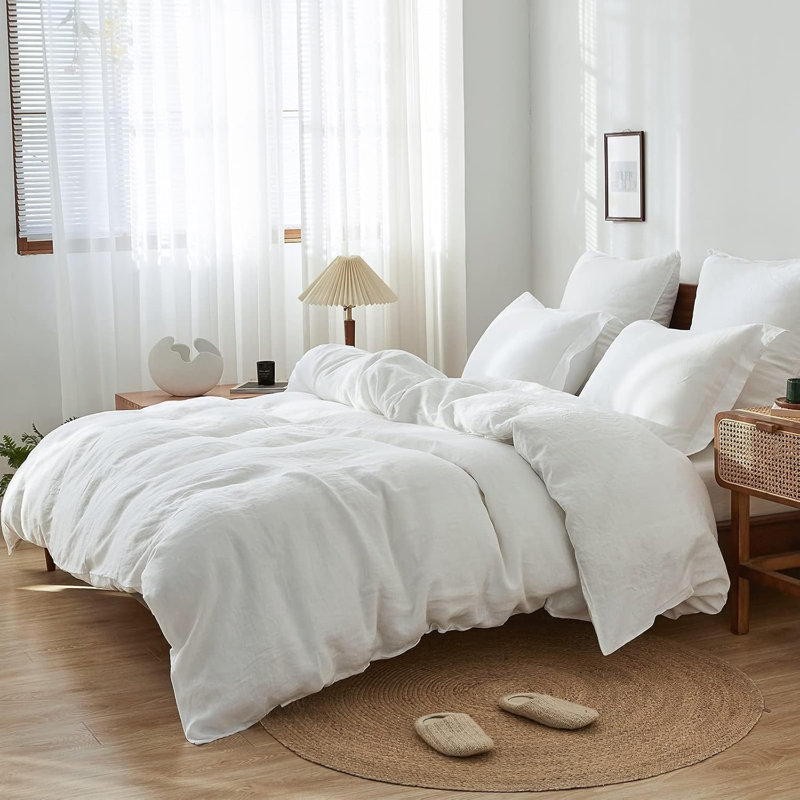 Ensemble de housse de couette 100% lin, Housse de couette grand + 2 taies d'oreiller, Blanc