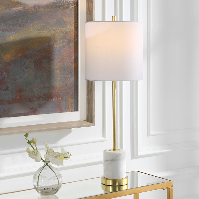 Brushed Gold Table Lamp with White Drum Shade