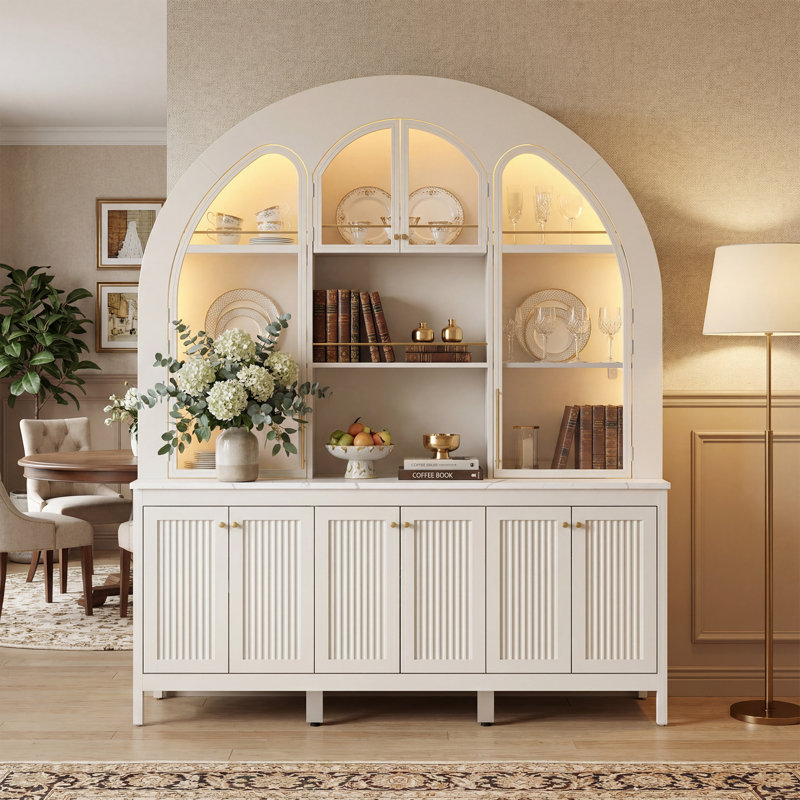 Large Glass Wine Cabinet With Arched Design, Bluetooth LED Lights, White