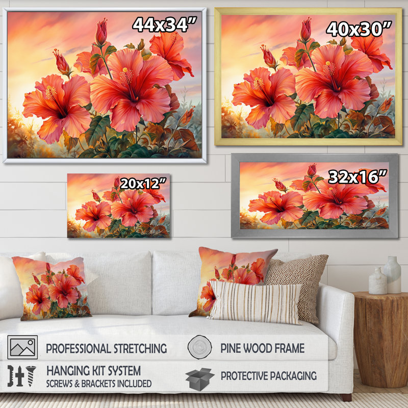 Hibiscus corail sur la plage I - Hibiscus, reproduction d'art mural, Cadre flottant doré, H 30 po x l 40 po x P 1,5 po
