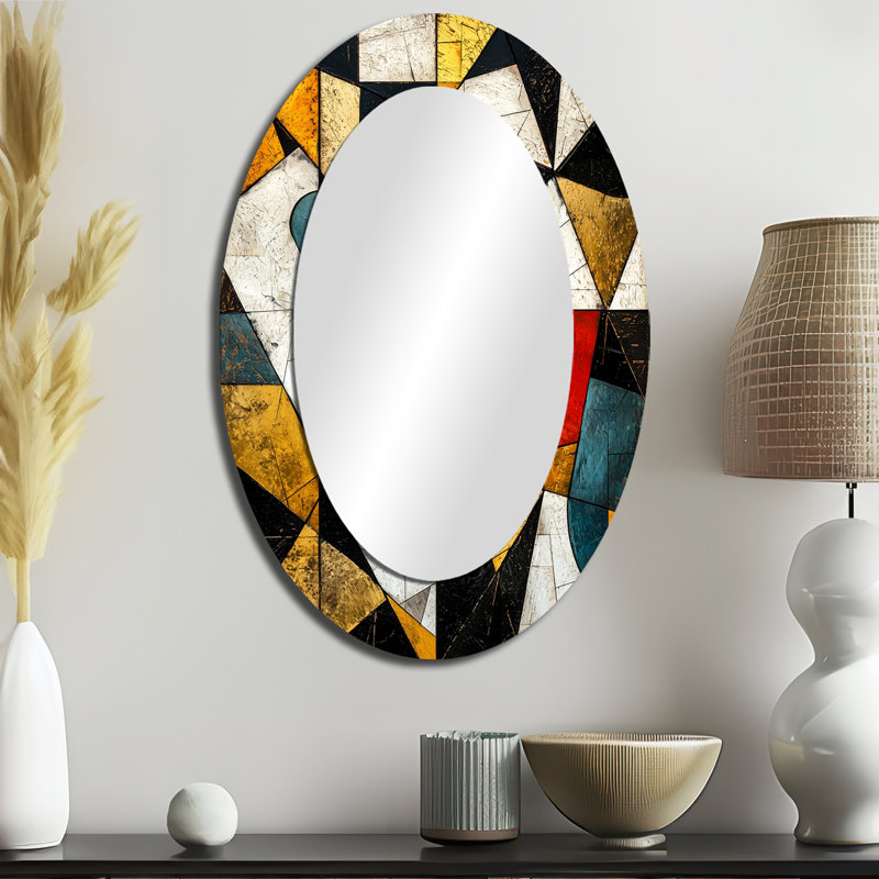 Black Yellow Fragmentation Abstract Shapes III - Abstract Oval Decorative Mirror On Metal, 36" x 24"
