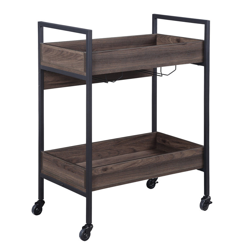 Walnut & Black Colored Serving Cart With 2 Tier Shelf Setup Formation