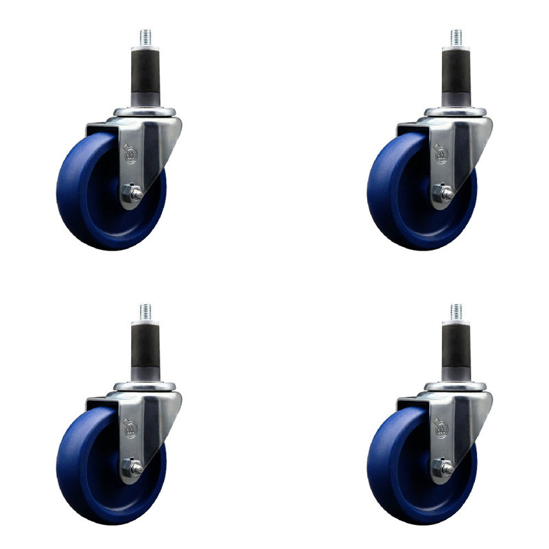 4 Inch SS Solid Poly Wheel Swivel 1-1/4 Inch Expanding Stem Caster Set SCC