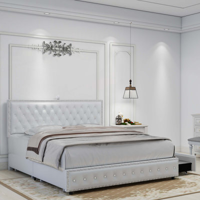 Base de lit tapissier avec plateau de rangement avec projecteur Galaxy, 4 tiroirs de rangement à l'épreuve de la poussière, tête de lit ajustable avec garniture cloutée