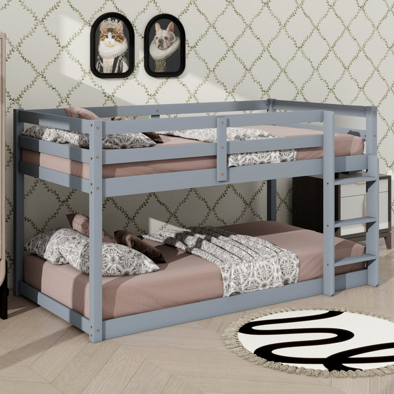 Twin Size Stacked Floor Bunk Bed With Ladder Included, Gray
