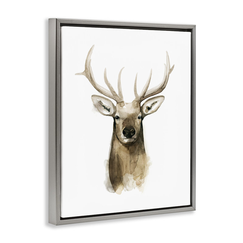 Portrait de cerf, aquarelle, H 25 po x l 31 po, Cadre flottant gris lustré