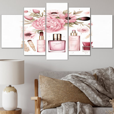 «Pink Cosmetic Elegant Make-Up Illustration», reproduction sur toile d'articles de toilette - 5 panneaux