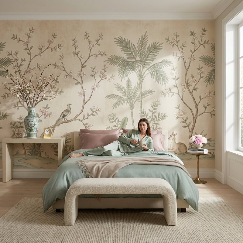 Papier peint floral, décoration murale amovible cerf, 120" x 96", Peler et coller