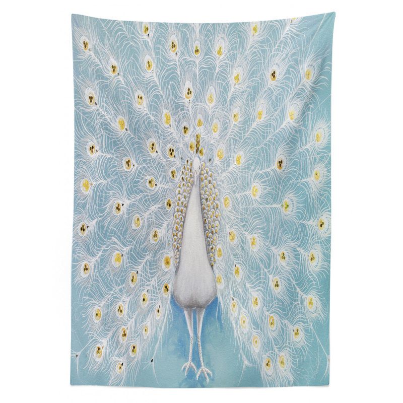 Peacock Tablecloth, Peacock Pattern On The Wall Nature Colorful Ornate Artwork Print, Rectangular Table Cover For Dining Room Kitchen Decor, 60" X 84", Yellow Pale Blue
