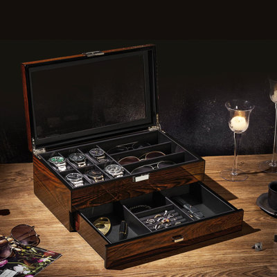 High-End Watch Box, 6-Slot Watch Case And 3 Glasses Case, 2-Layer Wooden Mens Jewellery Box With Large Glass Lid, Luxury Watch Display Case