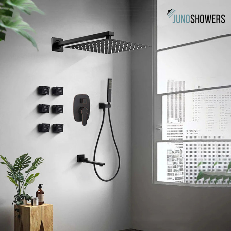 Juno 12" Ceiling Wall Mount Black Solid Brass Rainfall Shower System With 6 PCS Body Jets Mixer Spout Tub Set