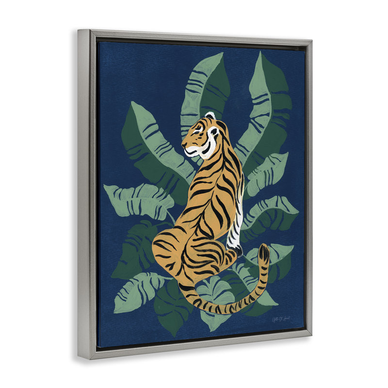 Tigre assis sur des palmiers, art mural sur toile flottante par Yvette St. Amant, Cadre flottant gris lustré