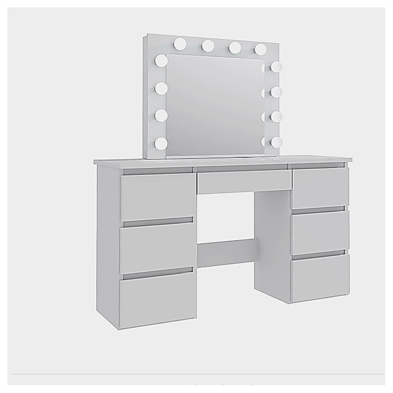 Grandes tables de coiffeuse blanches avec miroir et lumière