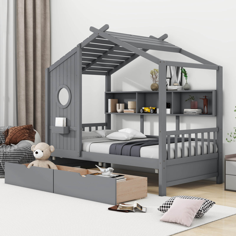 Sieger Wooden House Bed with 2 Drawers with Storage Shelf, Twin, Gray
