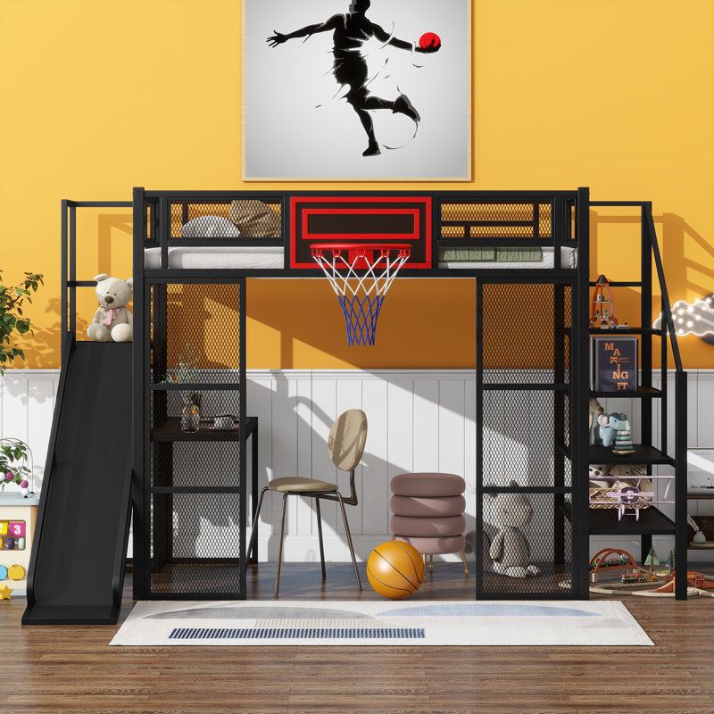 Full Metal Loft Bed With Built-In Desk And Storage, Black